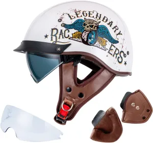 Half Helmet Motorcycle Men Women Adults Dot Approved Vintage Half Face Helmet with Additional Clear Visor and Ear Pads MH107