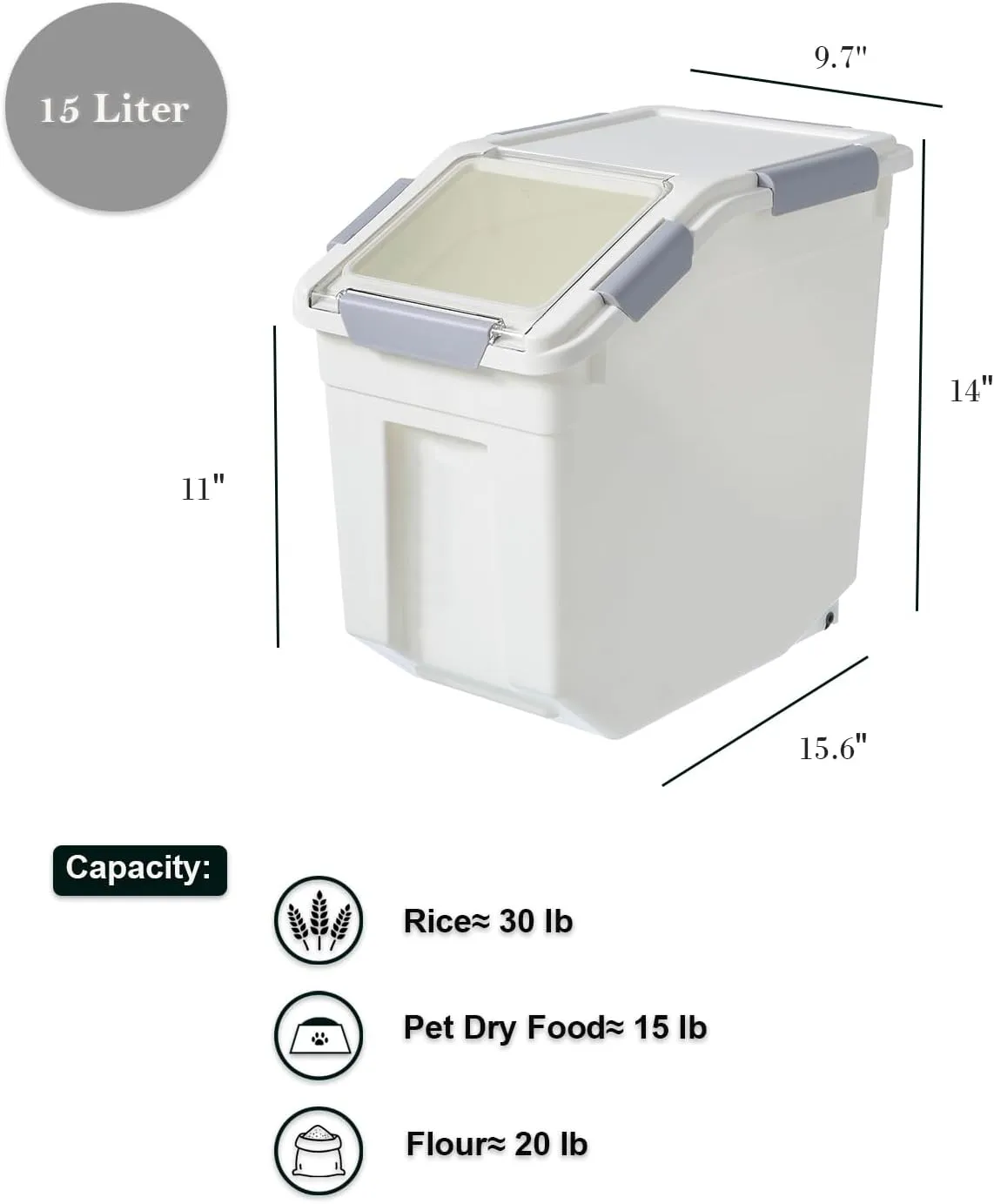 HANAMYA 15 Liter / 30 lbs Rice Storage Container with Measuring Cup, BPA free, For Rice | Grain | Pet Food | Flour, 2 count, White