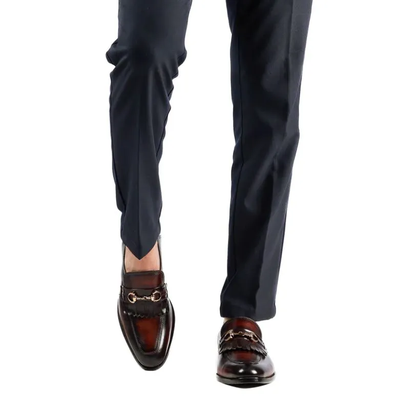 Handmade Two Tone Fringe Penny Loafer, Burgundy Leather Dress Shoes
