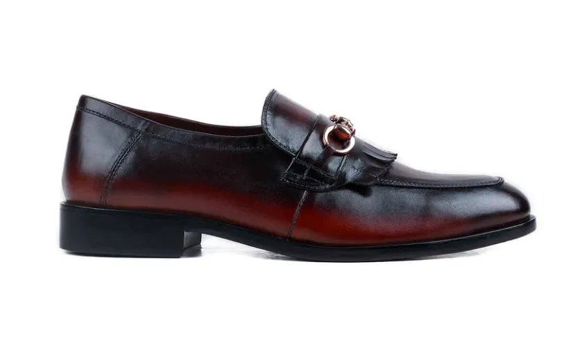 Handmade Two Tone Fringe Penny Loafer, Burgundy Leather Dress Shoes