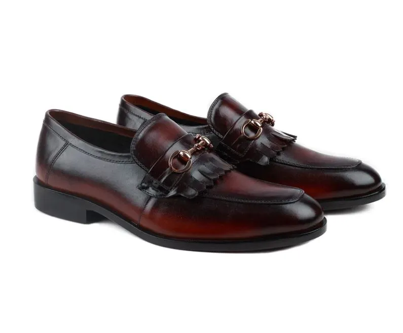 Handmade Two Tone Fringe Penny Loafer, Burgundy Leather Dress Shoes