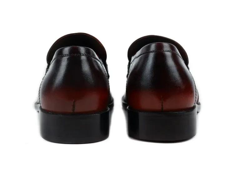 Handmade Two Tone Fringe Penny Loafer, Burgundy Leather Dress Shoes