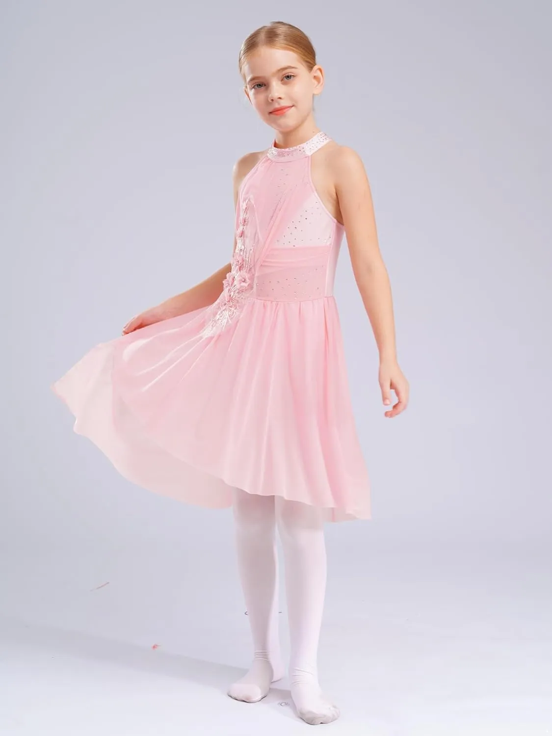 Hansber Lyrical Dance Dress for Girls Floral Rhinestone Ballet Tutu Skirt Leotard Figure Ice Skating Dancewear