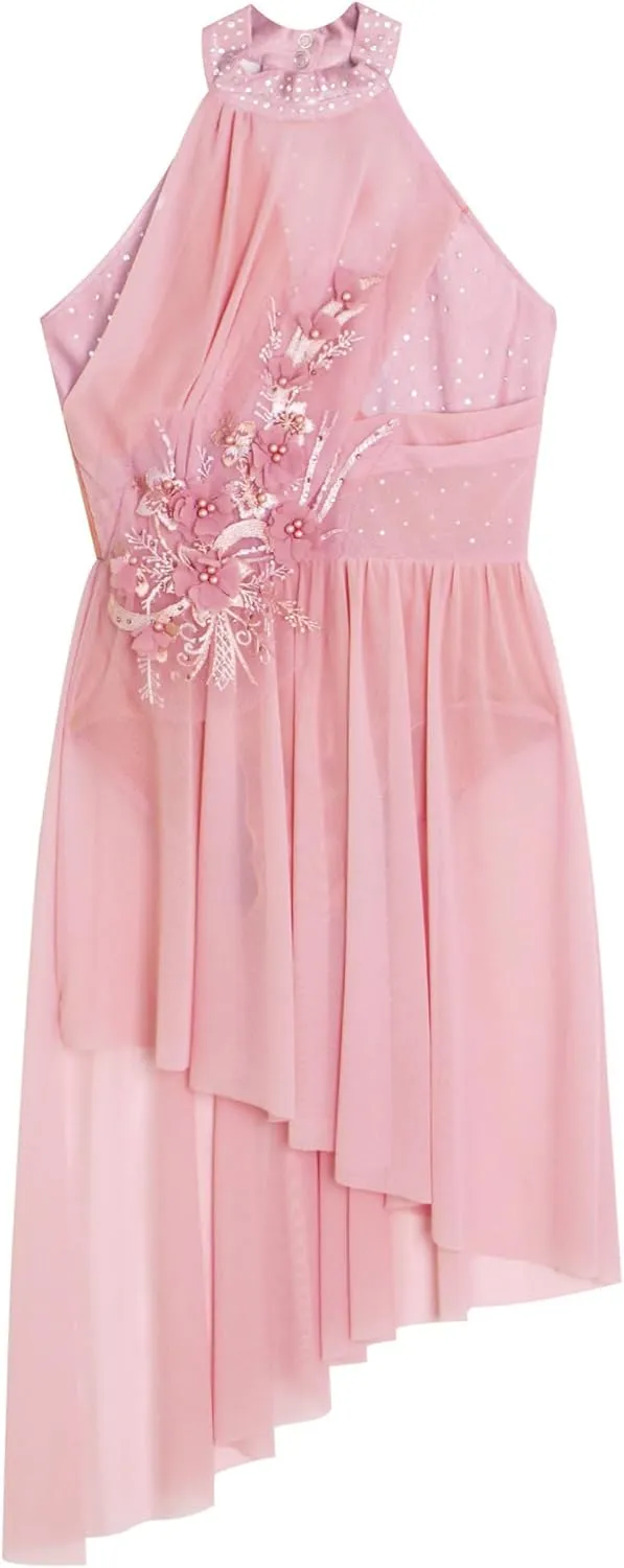 Hansber Lyrical Dance Dress for Girls Floral Rhinestone Ballet Tutu Skirt Leotard Figure Ice Skating Dancewear