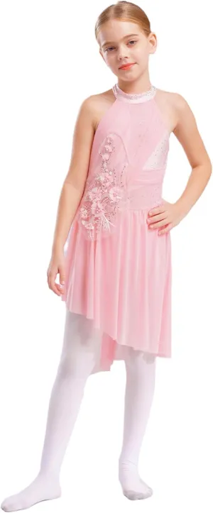 Hansber Lyrical Dance Dress for Girls Floral Rhinestone Ballet Tutu Skirt Leotard Figure Ice Skating Dancewear