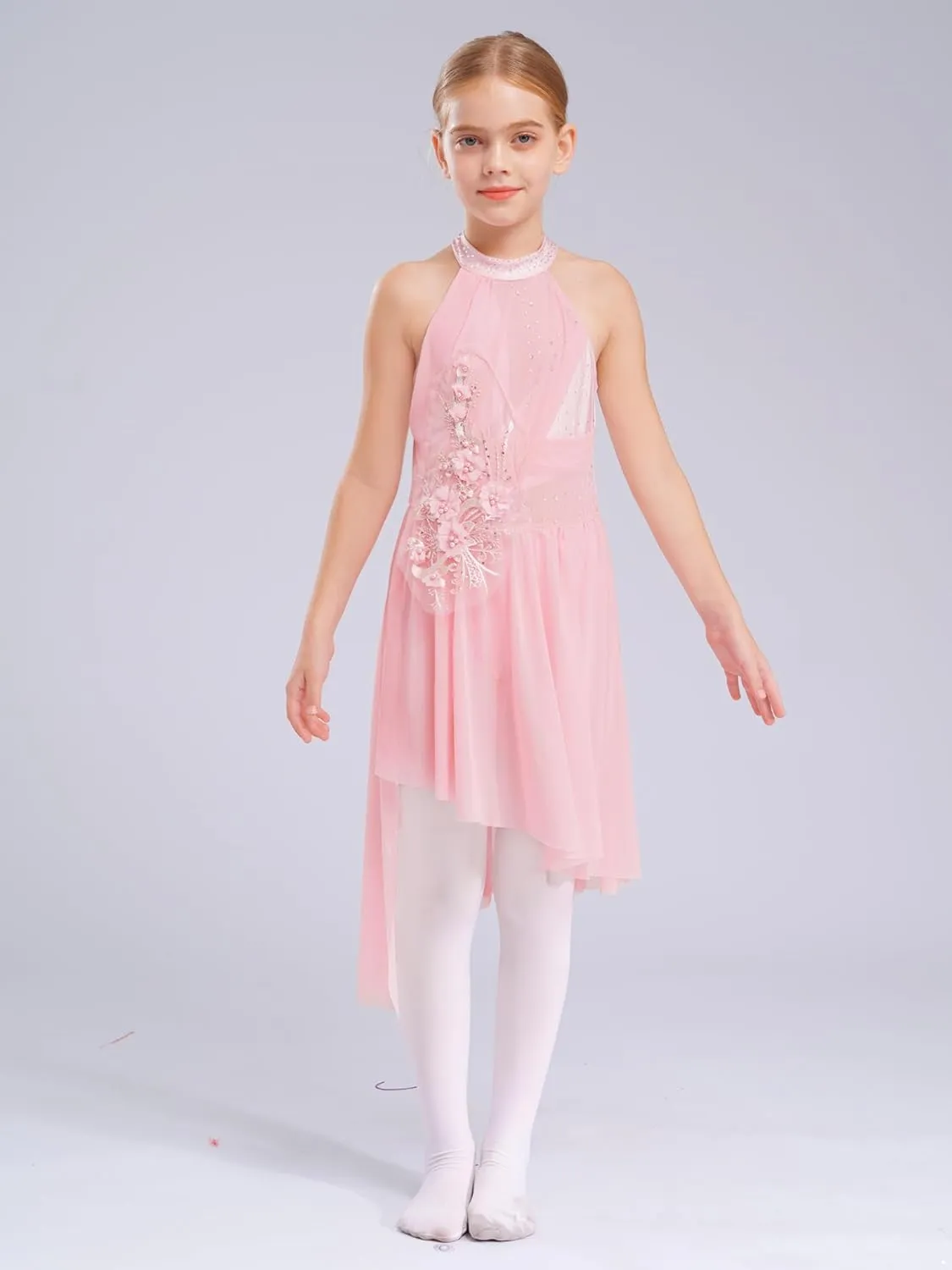 Hansber Lyrical Dance Dress for Girls Floral Rhinestone Ballet Tutu Skirt Leotard Figure Ice Skating Dancewear