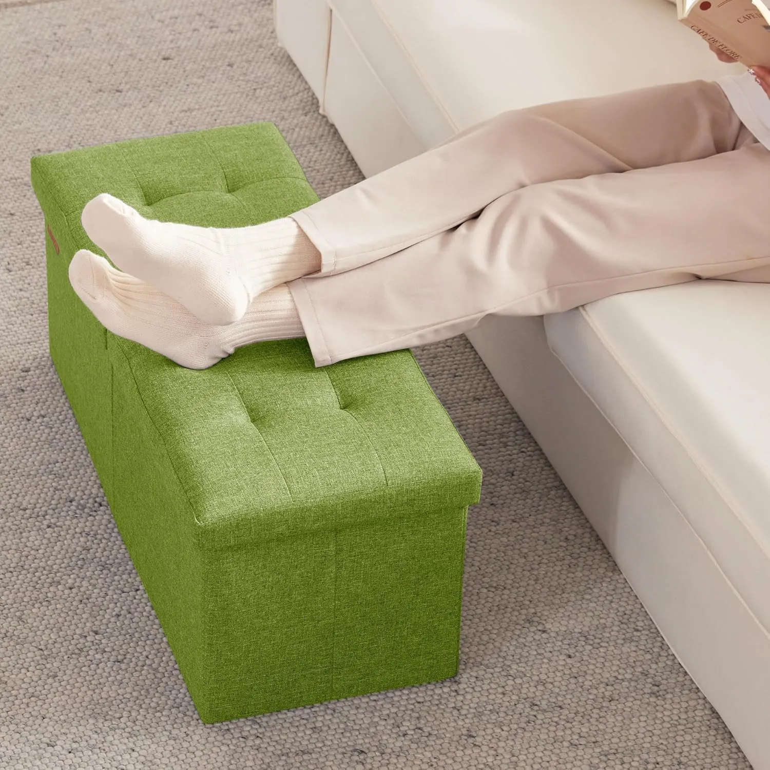 HAUSFRAU 31.5 Inches Ottoman with Storage Bench, Folding Ottoman Bench Small Foot Rest Stool, Bedroom Bench with Flipping Lid, Linen Avocado