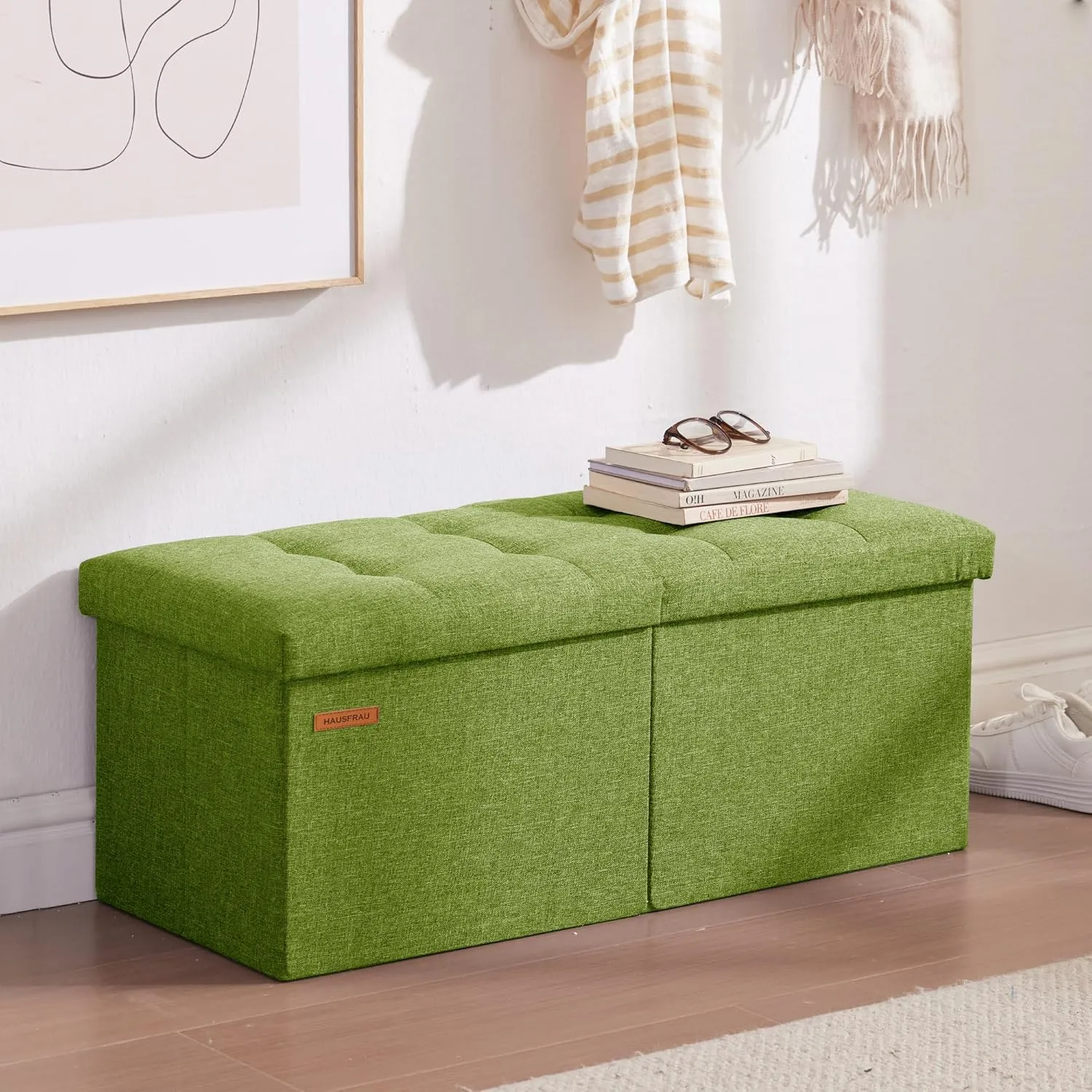 HAUSFRAU 31.5 Inches Ottoman with Storage Bench, Folding Ottoman Bench Small Foot Rest Stool, Bedroom Bench with Flipping Lid, Linen Avocado