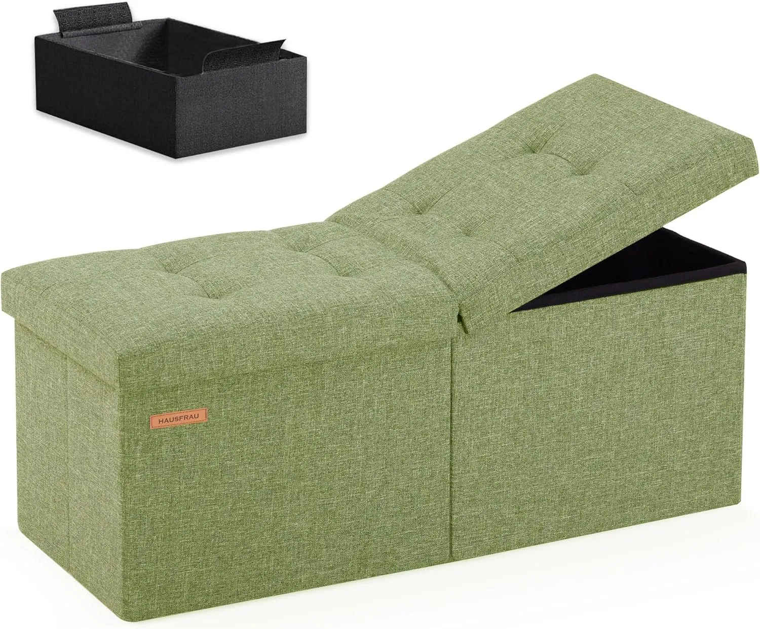HAUSFRAU 31.5 Inches Ottoman with Storage Bench, Folding Ottoman Bench Small Foot Rest Stool, Bedroom Bench with Flipping Lid, Linen Avocado