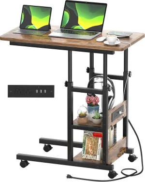 Height Adjustable C Shaped End Table with Charging Station, Mobile Laptop Side Table with USB Port and Wheels, Sofa Couch Table with 2-Tier Storage Shelve for Living Room Bedroom, Rustic Brown