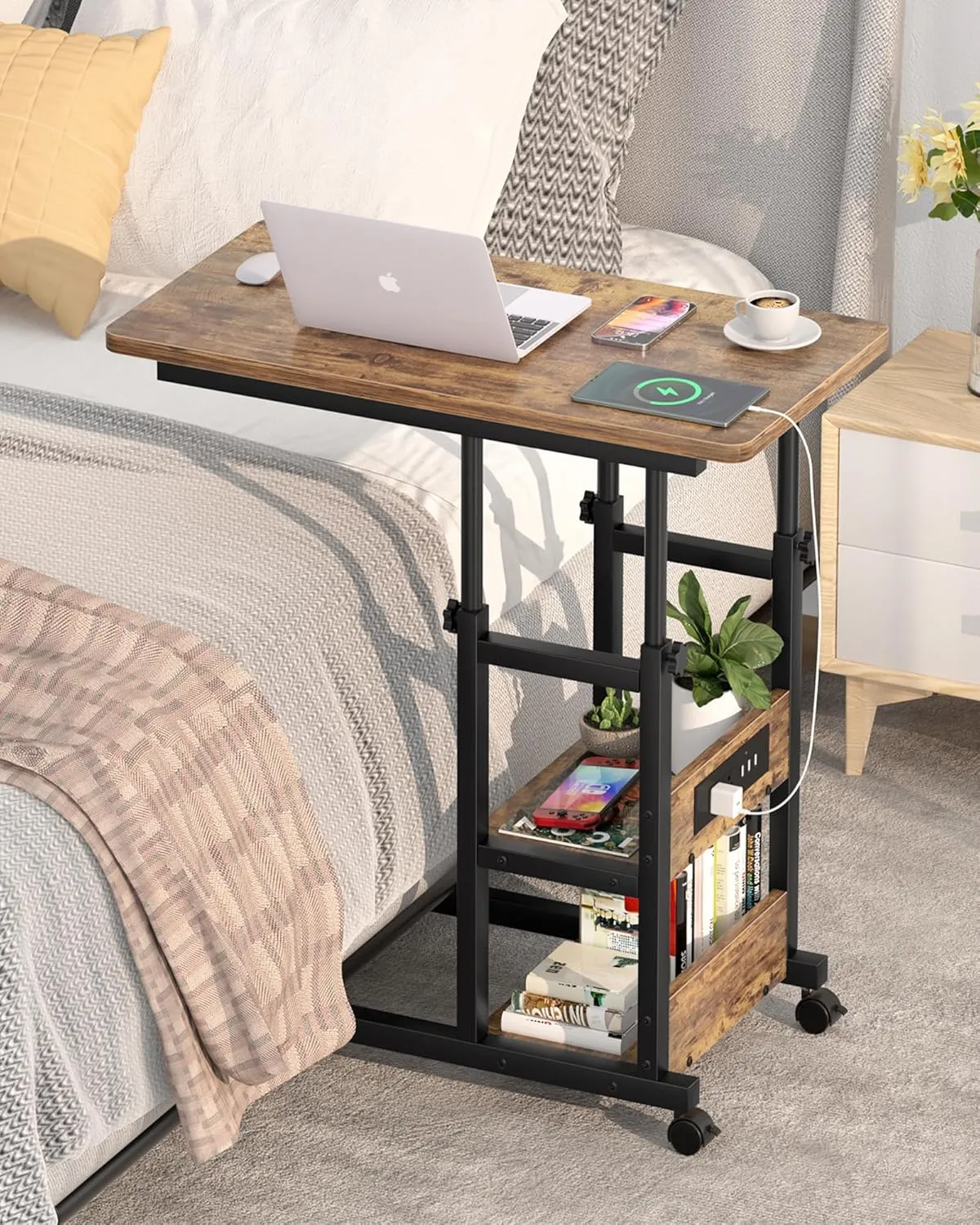 Height Adjustable C Shaped End Table with Charging Station, Mobile Laptop Side Table with USB Port and Wheels, Sofa Couch Table with 2-Tier Storage Shelve for Living Room Bedroom, Rustic Brown