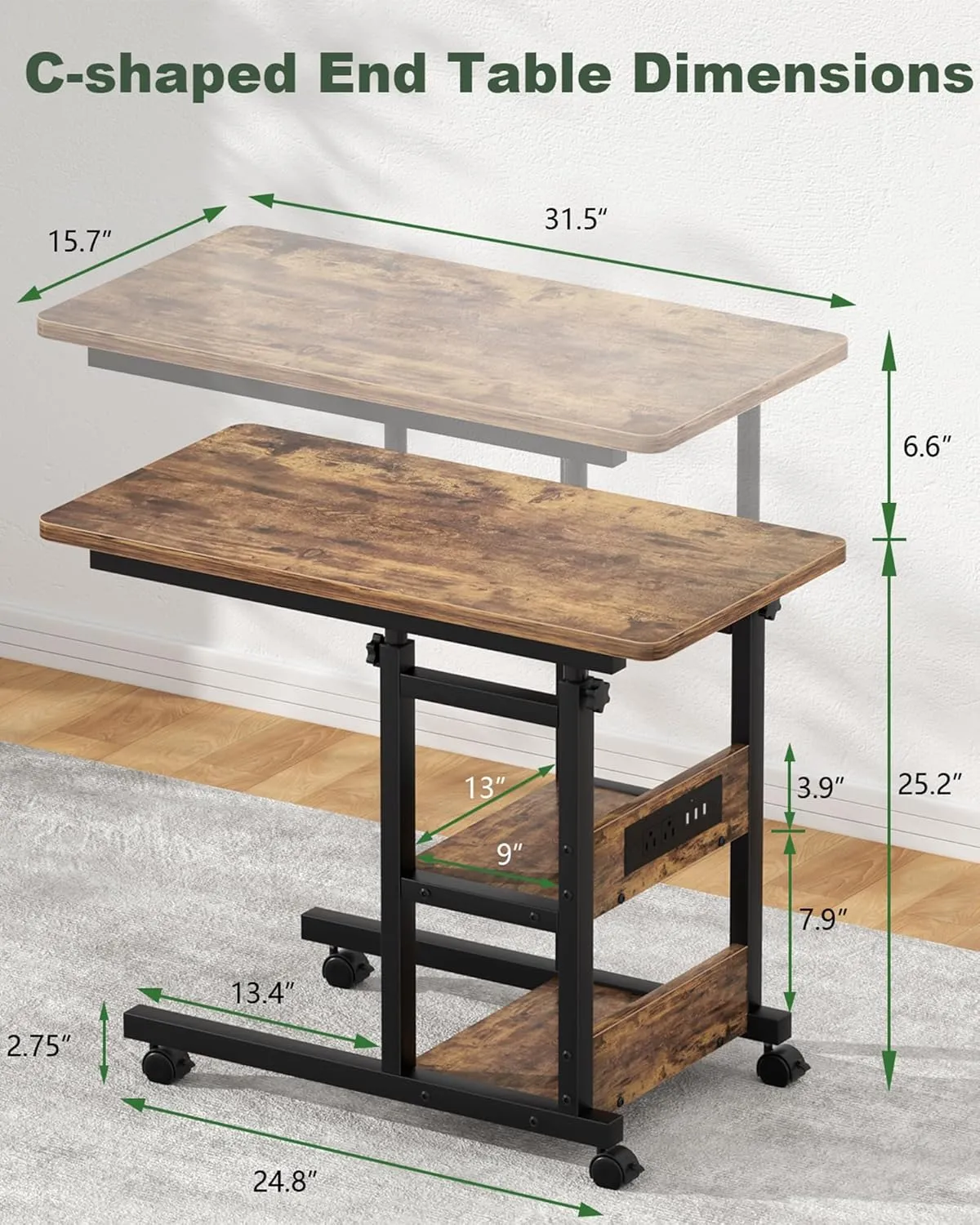 Height Adjustable C Shaped End Table with Charging Station, Mobile Laptop Side Table with USB Port and Wheels, Sofa Couch Table with 2-Tier Storage Shelve for Living Room Bedroom, Rustic Brown