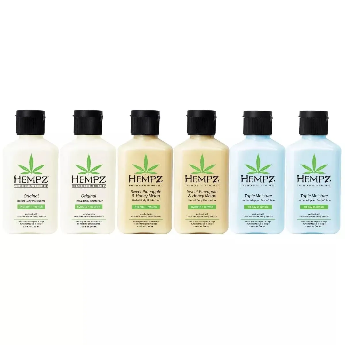 Hempz Hydration on the Go, Herbal Body Moisturizer & Whipped Body Creme Enriched with 100% Pure Natural Hemp Seed Oil, 48-Hour Hydration, TSA Approved Travel Size - 2.25 Fluid Ounce (Pack of 6)