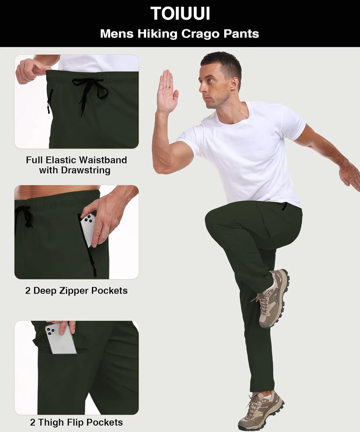 Hiking Pants Men Water Resistant Cargo Pants Lightweight Travel Pants with Zipper Pockets for Work Fishing Outdoor QYY24011