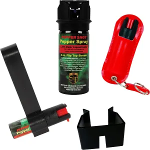 Home and Away Bundle 1.2% MC 2 oz Flip Top Pepper Spray and Wall Mount, Red Halo Pepper Spray with Leatherette Holster, and an Auto Visor - Lot of 4 as Shown