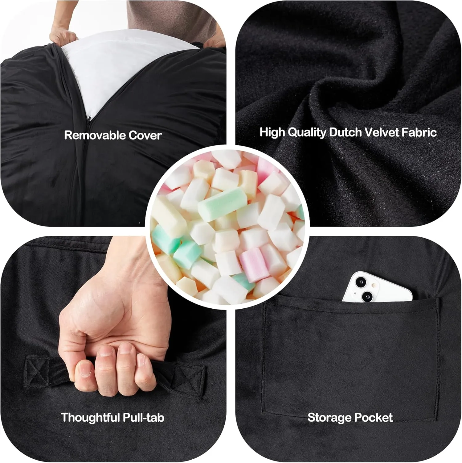 Homguava 5FT Bean Bag Chair Giant BeanBag with Memory Foam Filled, Comfy Bean Bag Chairs for Adults, Adult Bean Bag Chair with Dutch Velvet Cover for Living Room Bedroom-Black