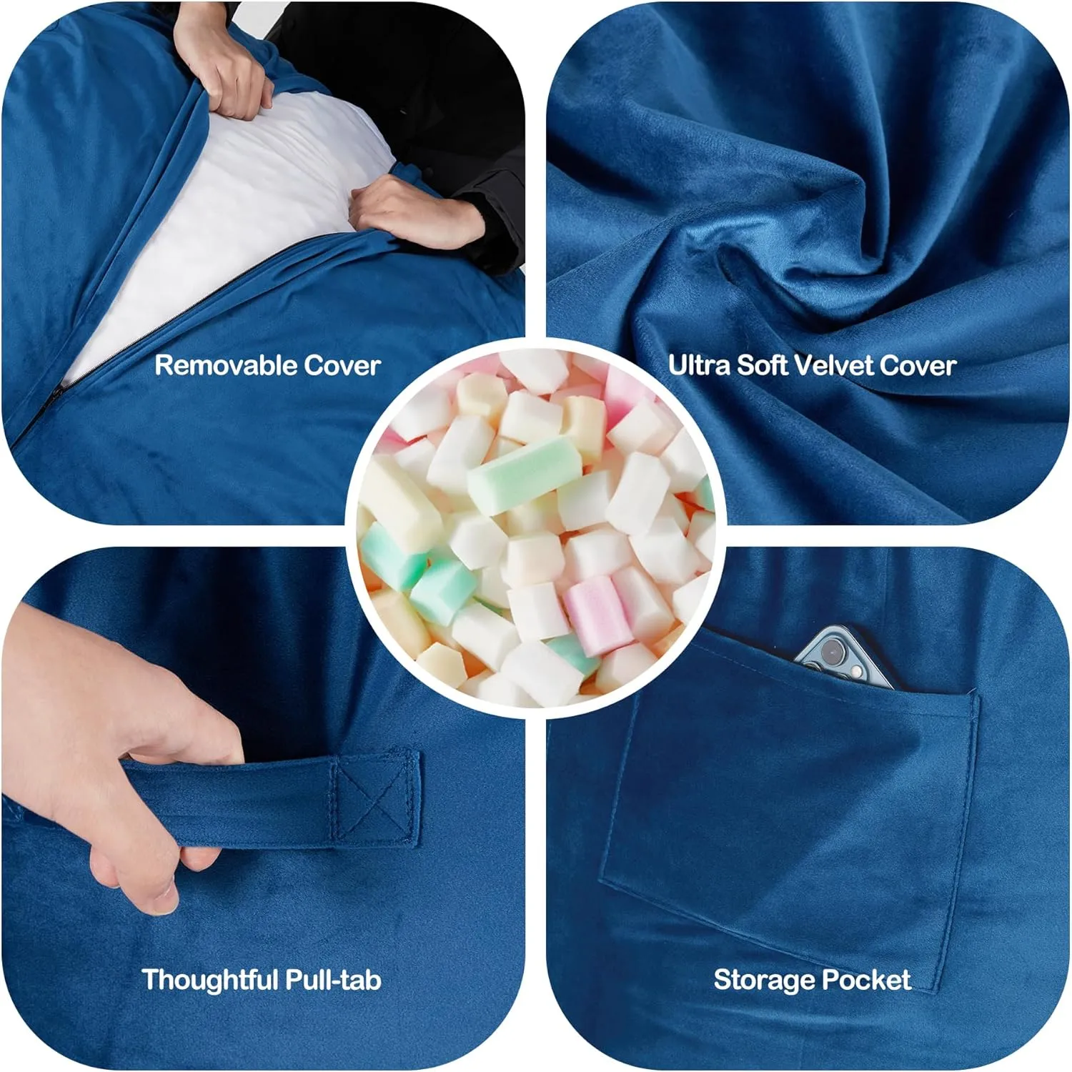 Homguava 5FT Bean Bag Chair Giant BeanBag with Memory Foam Filled, Comfy Bean Bag Chairs for Adults, Adult Bean Bag Chair with Dutch Velvet Cover for Living Room Bedroom-Blue