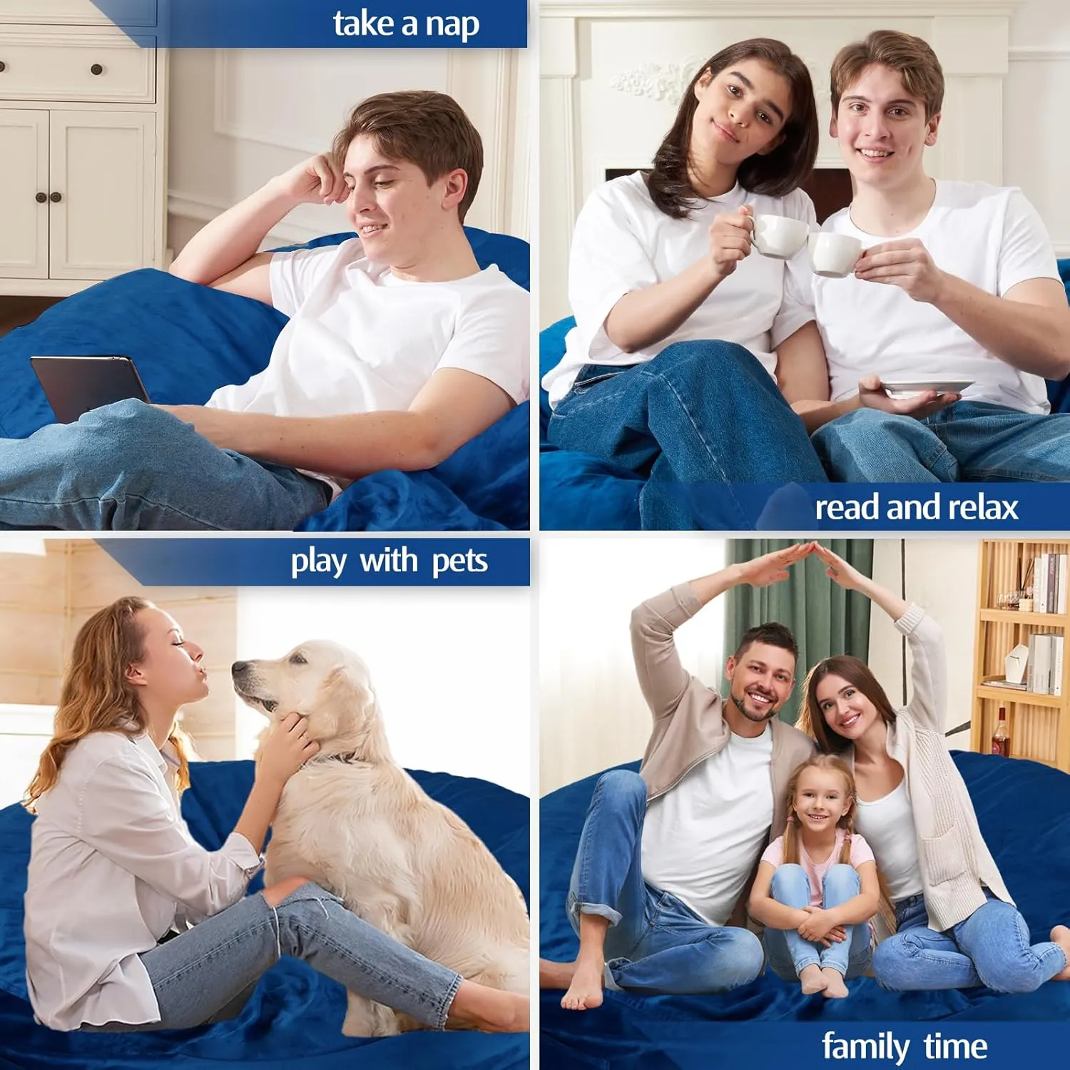Homguava 5FT Bean Bag Chair Giant BeanBag with Memory Foam Filled, Comfy Bean Bag Chairs for Adults, Adult Bean Bag Chair with Dutch Velvet Cover for Living Room Bedroom-Blue