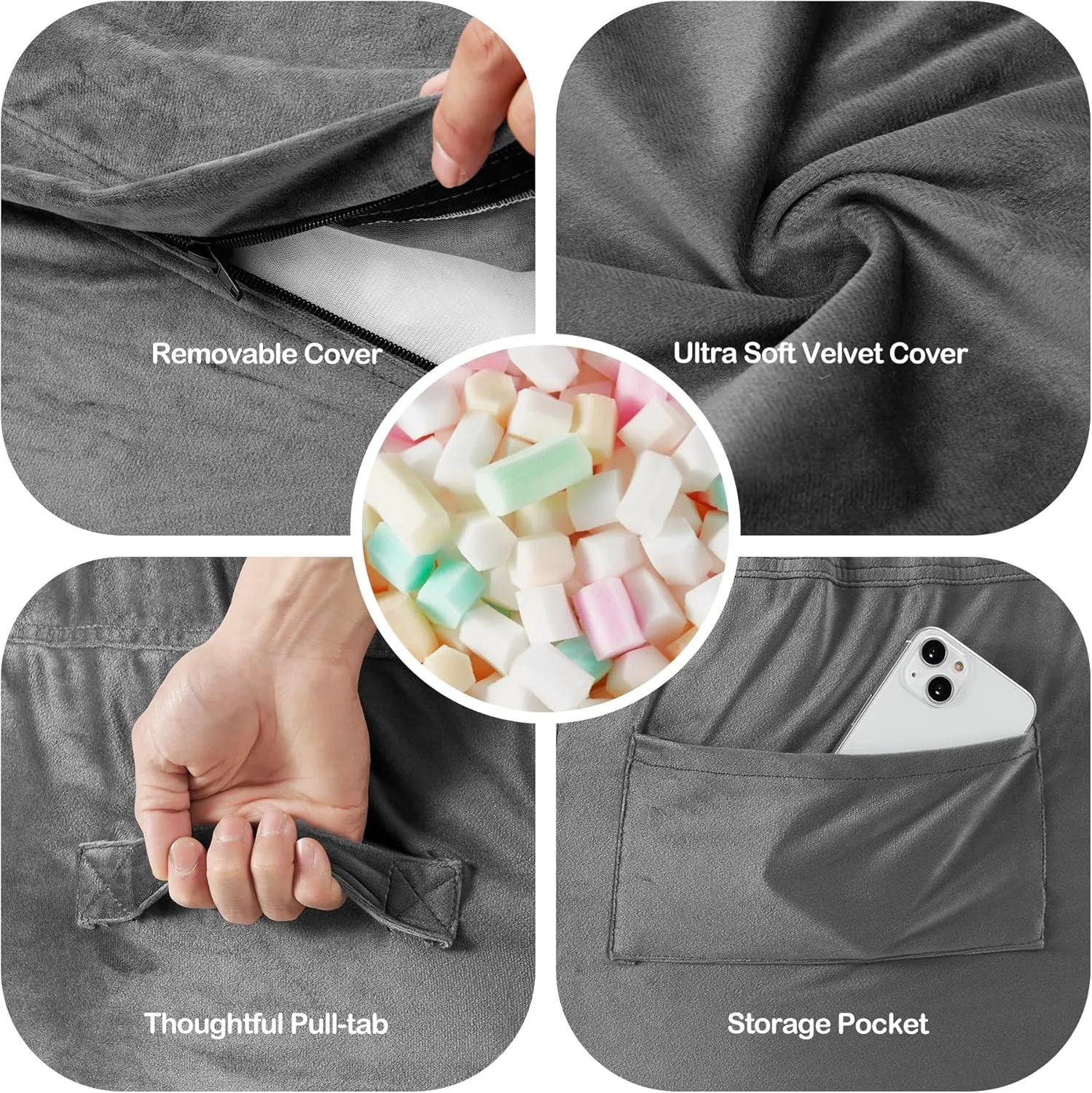 Homguava 6FT Bean Bag Chair Giant BeanBag with Memory Foam Filled, Large Bean Bag Chairs for Adults, Adult Bean Bag Chair with Dutch Velvet Cover for Living Room Bedroom-Grey