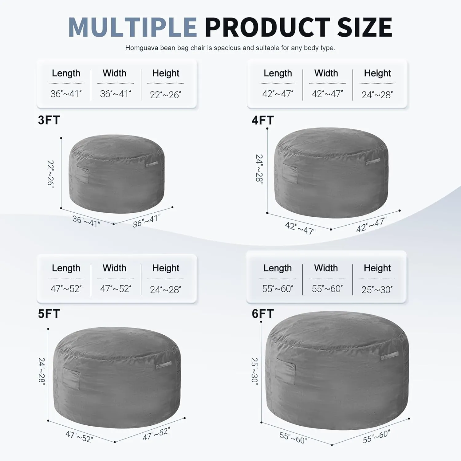 Homguava 6FT Bean Bag Chair Giant BeanBag with Memory Foam Filled, Large Bean Bag Chairs for Adults, Adult Bean Bag Chair with Dutch Velvet Cover for Living Room Bedroom-Grey