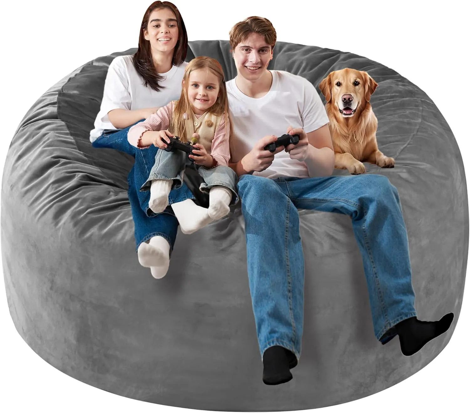 Homguava 6FT Bean Bag Chair Giant BeanBag with Memory Foam Filled, Large Bean Bag Chairs for Adults, Adult Bean Bag Chair with Dutch Velvet Cover for Living Room Bedroom-Grey