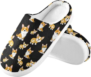 House Slippers for Women Girls,Cute Corgi Black Winter Fuzzy Memory Foam Cozy Shoes for Men Slippers Indoor Outdoor Bedroom