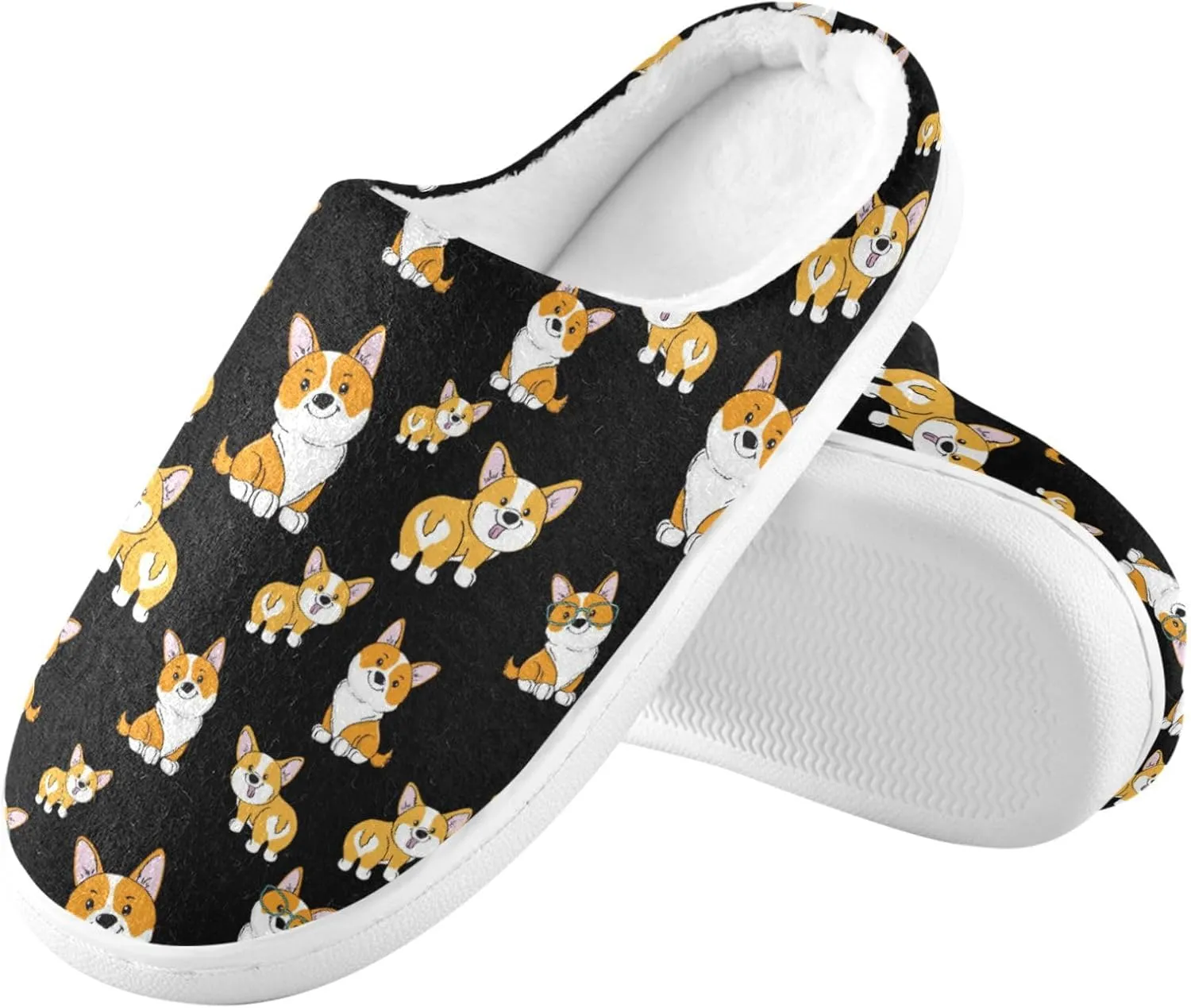 House Slippers for Women Girls,Cute Corgi Black Winter Fuzzy Memory Foam Cozy Shoes for Men Slippers Indoor Outdoor Bedroom