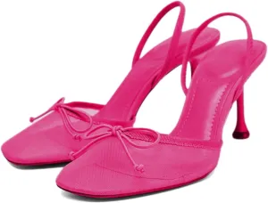 Huntarry Womens Ballet Heels Mesh Closed Square Toe Kitten Heel Slingback Pumps Bowknot Dress Party Summer Shoes
