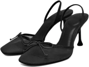 Huntarry Womens Ballet Heels Mesh Closed Square Toe Kitten Heel Slingback Pumps Bowknot Dress Party Summer Shoes