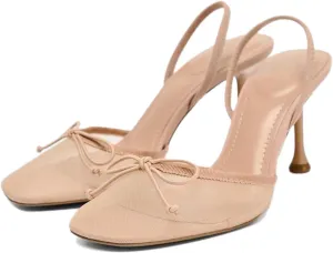 Huntarry Womens Ballet Heels Mesh Closed Square Toe Kitten Heel Slingback Pumps Bowknot Dress Party Summer Shoes