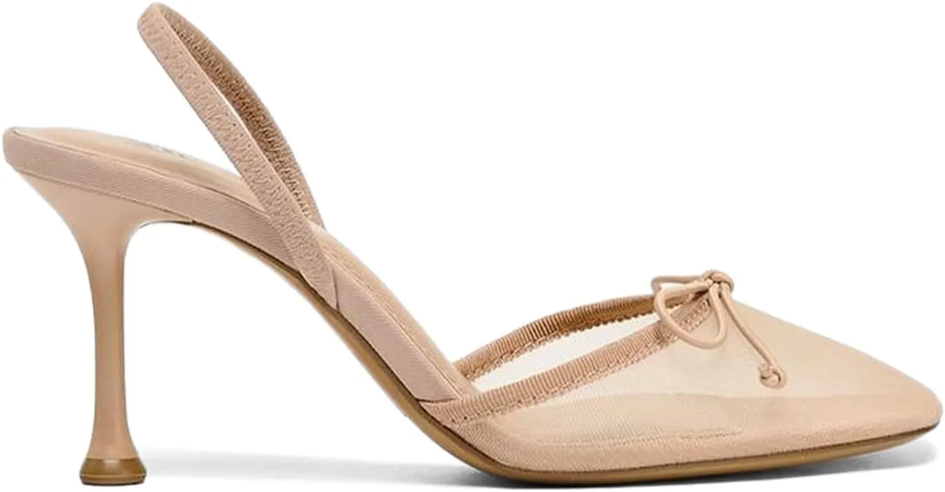 Huntarry Womens Ballet Heels Mesh Closed Square Toe Kitten Heel Slingback Pumps Bowknot Dress Party Summer Shoes