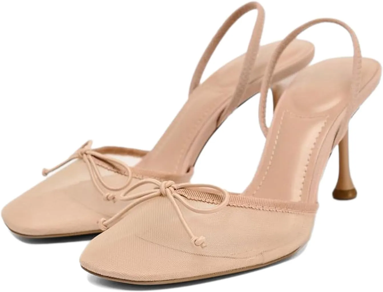 Huntarry Womens Ballet Heels Mesh Closed Square Toe Kitten Heel Slingback Pumps Bowknot Dress Party Summer Shoes
