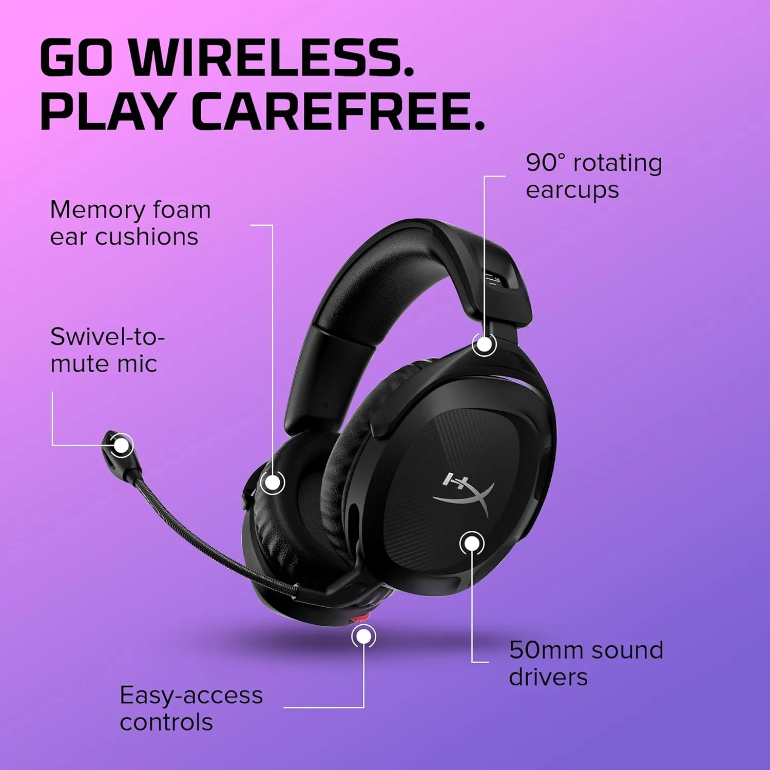 HyperX Cloud Stinger 2 - Wireless Gaming Headset – Compatible with PC. Noise-cancelling Swivel-to-mute Microphone, Comfortable Memory Foam, UP to 20 hours of battery life,Black