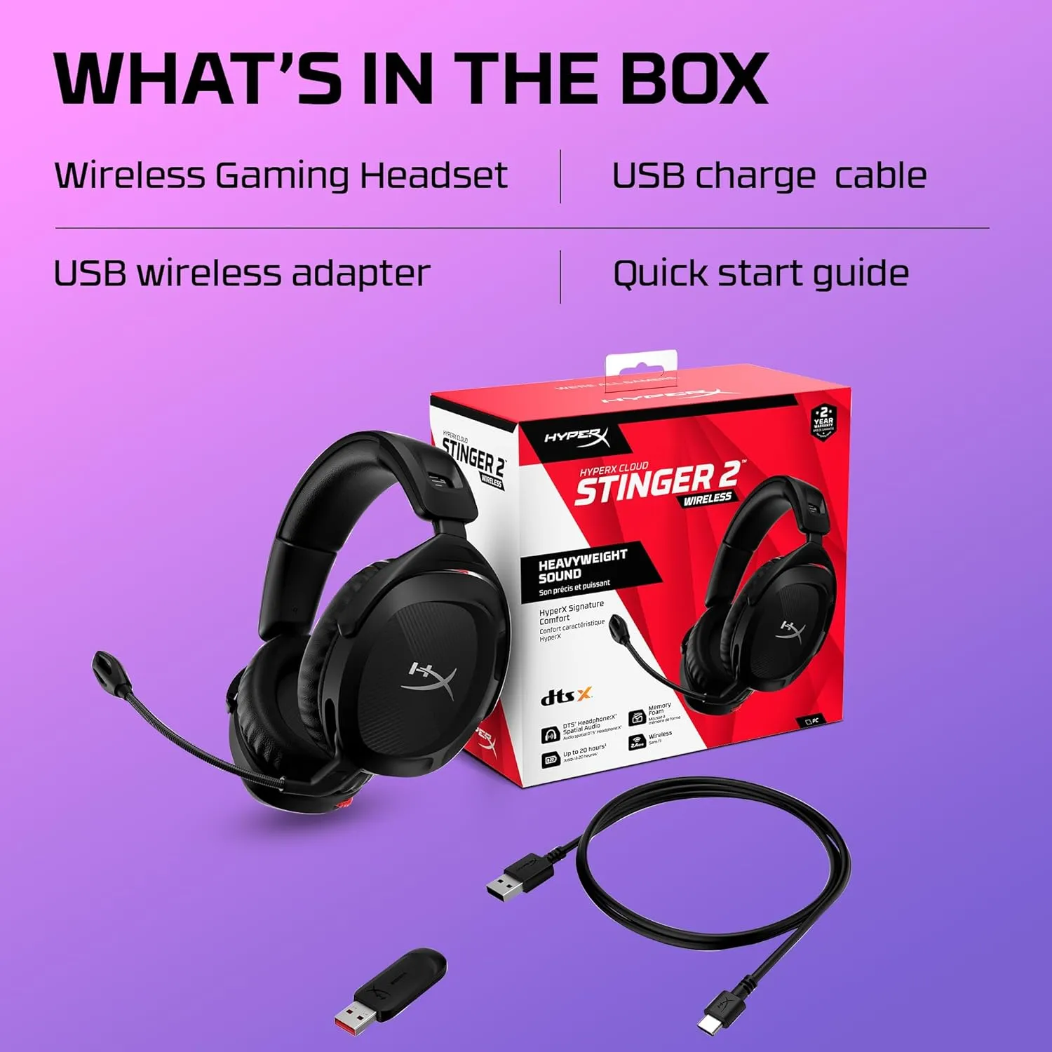 HyperX Cloud Stinger 2 - Wireless Gaming Headset – Compatible with PC. Noise-cancelling Swivel-to-mute Microphone, Comfortable Memory Foam, UP to 20 hours of battery life,Black