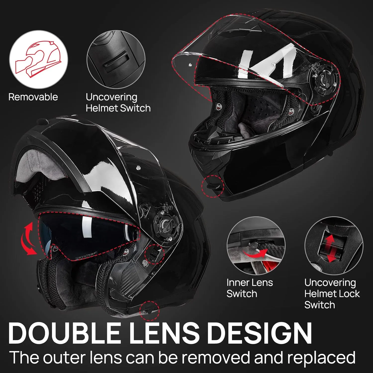 ILM Adult Motorcycle Modular Full Face Helmet Flip up Dual Visor DOT Approved Model 159(Gloss Black,XX-Large)