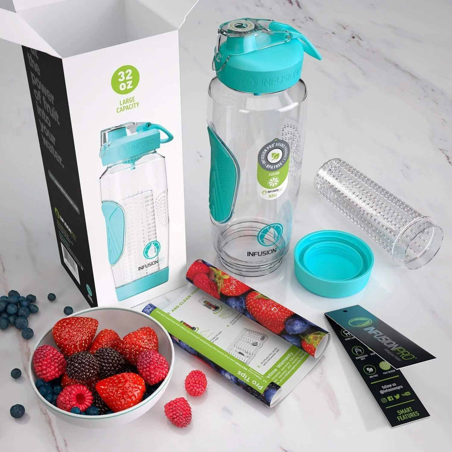 Infusion Pro 32 oz Fruit Infuser Water Bottle with Insulated Sleeve & 50 Recipe Infused Water eBook : Bottom Loading, Large Water Infuser for More Flavor : Unique Gift Idea