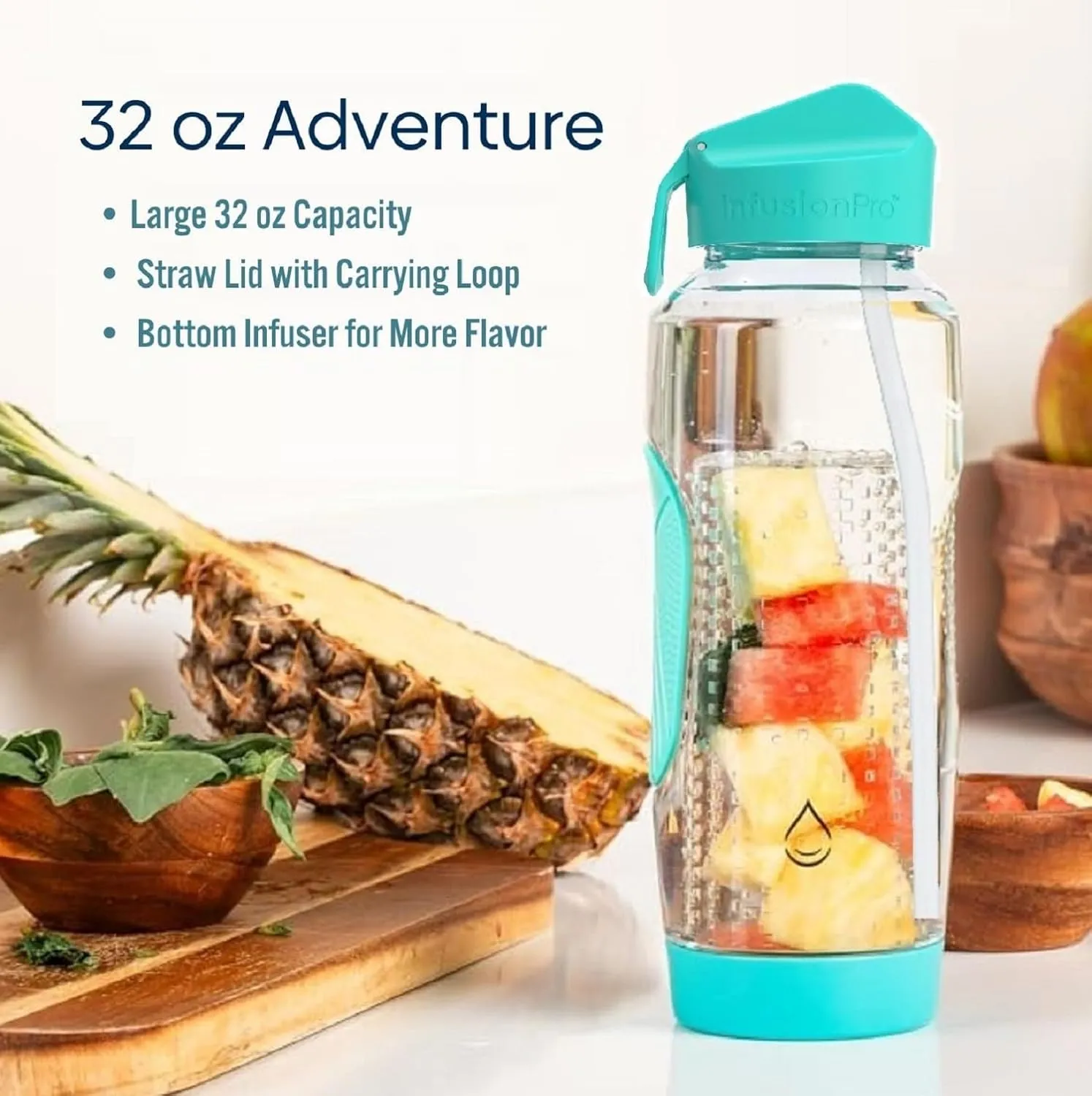 Infusion Pro 32 oz Fruit Infuser Water Bottle with Insulated Sleeve & 50 Recipe Infused Water eBook : Bottom Loading, Large Water Infuser for More Flavor : Unique Gift Idea