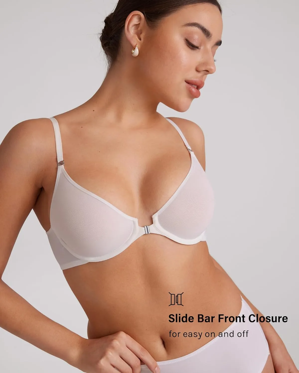 INLYRIC Women's Cosnufy Sheer Front Closure Bra - Demi Sexy Seamless Unlined No Padding Mesh Underwire Bra