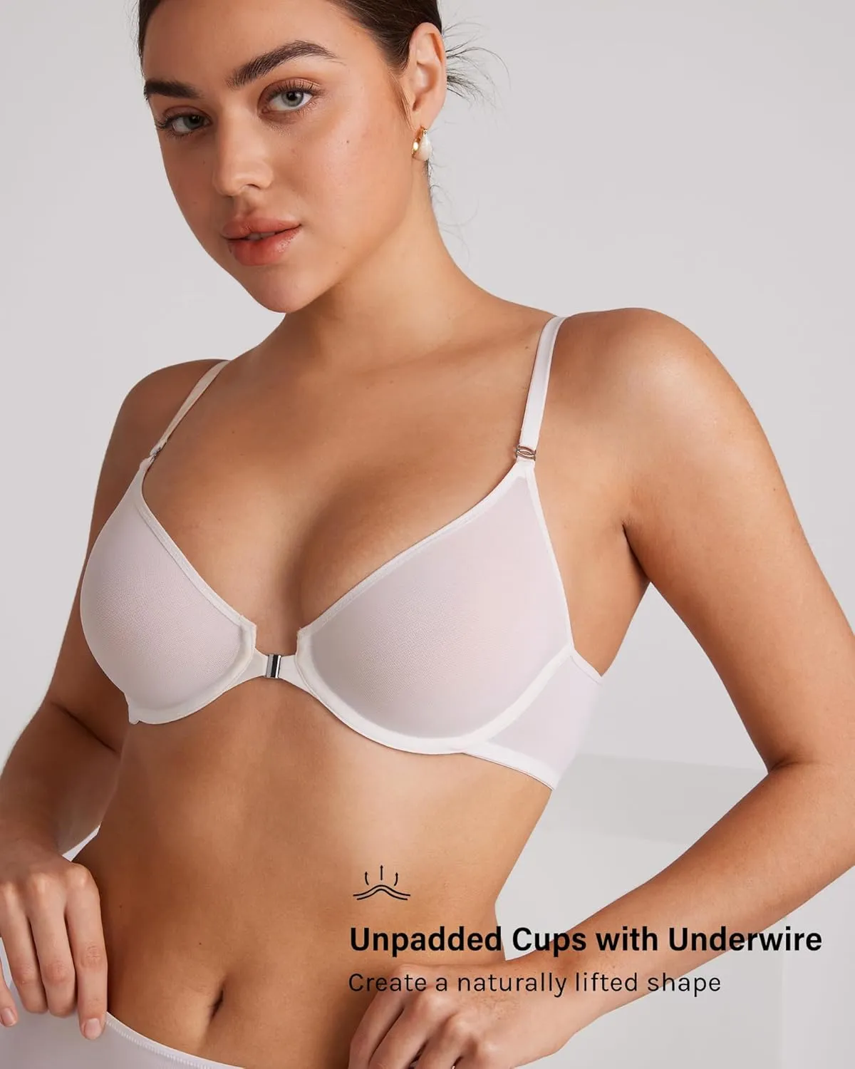 INLYRIC Women's Cosnufy Sheer Front Closure Bra - Demi Sexy Seamless Unlined No Padding Mesh Underwire Bra