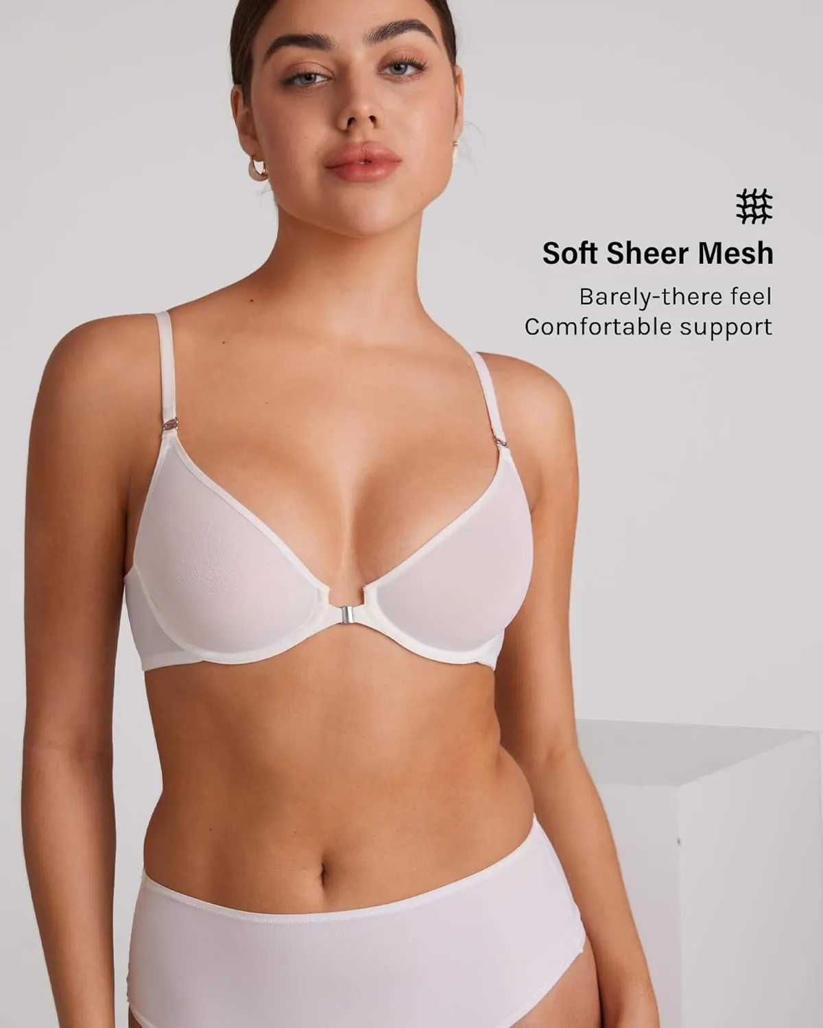 INLYRIC Women's Cosnufy Sheer Front Closure Bra - Demi Sexy Seamless Unlined No Padding Mesh Underwire Bra