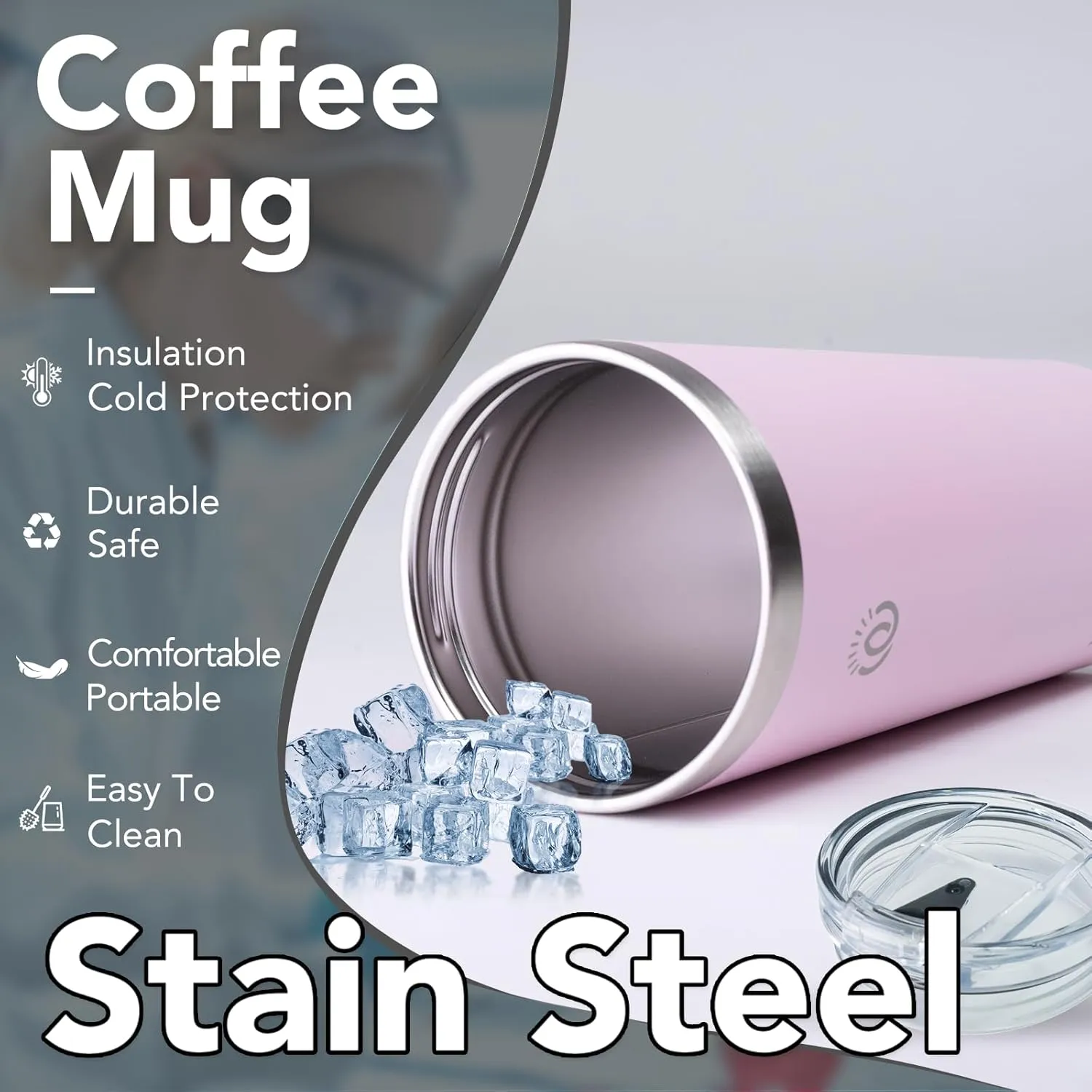 Insulated Coffee Mug with Lid, Reusable Stainless Steel Travel Coffee Cup, 16 Oz Double Wall Vacuum Spill Proof Tumbler Cups for Men and Women Hot & Cold Drinks（Rose）