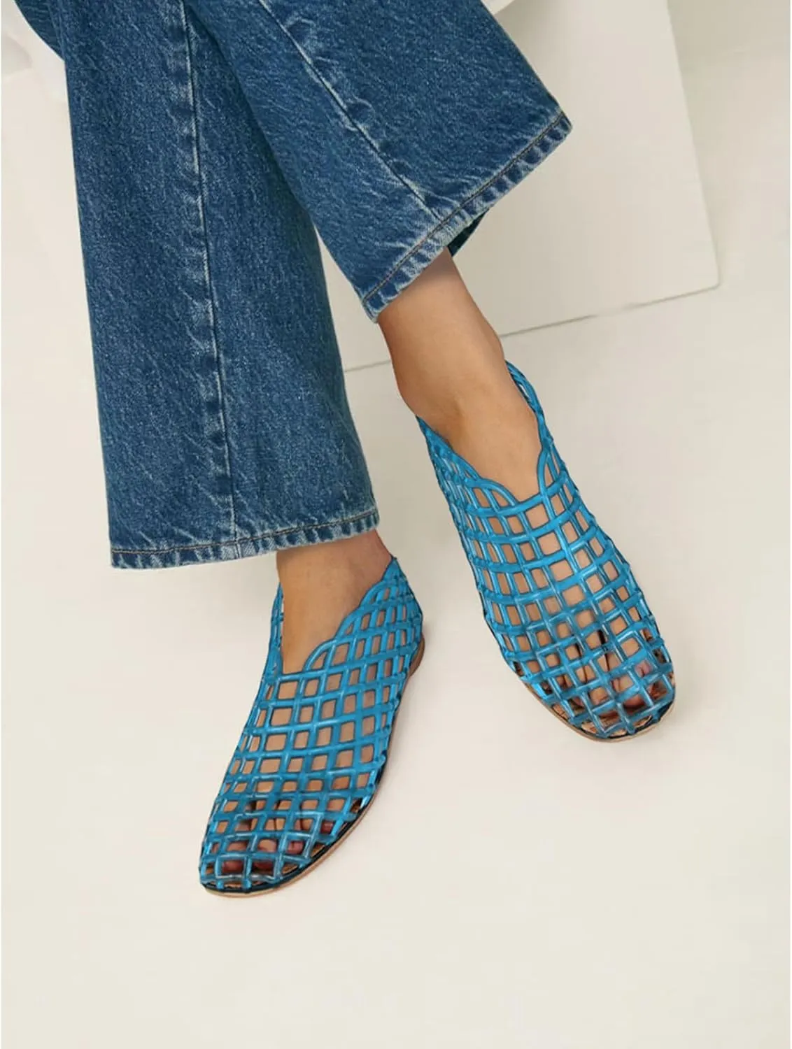 Jelly Mesh Ballet Flats for Women Fishnet PVC Clear Hollow Jellies Sandals Comfortable Beach Ballerina Flats Shoes