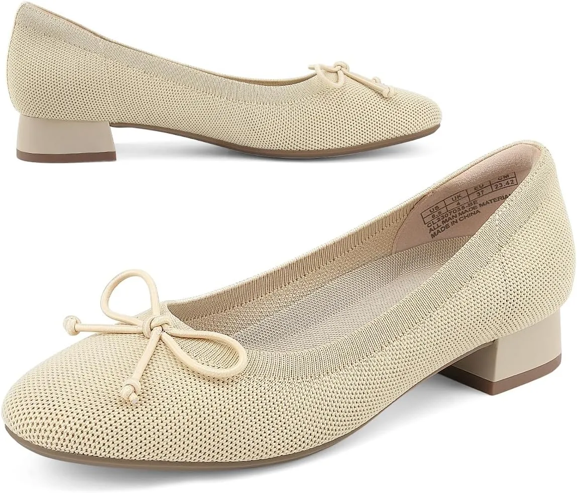 JENN ARDOR Womens Ballet Chunky Pumps Low Heels Dress Shoes Ladies Casual Office Shoes for Women Round Toe Knit Comfortable Slip On Mesh Flat