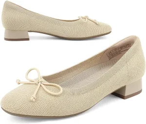 JENN ARDOR Womens Ballet Chunky Pumps Low Heels Dress Shoes Ladies Casual Office Shoes for Women Round Toe Knit Comfortable Slip On Mesh Flat
