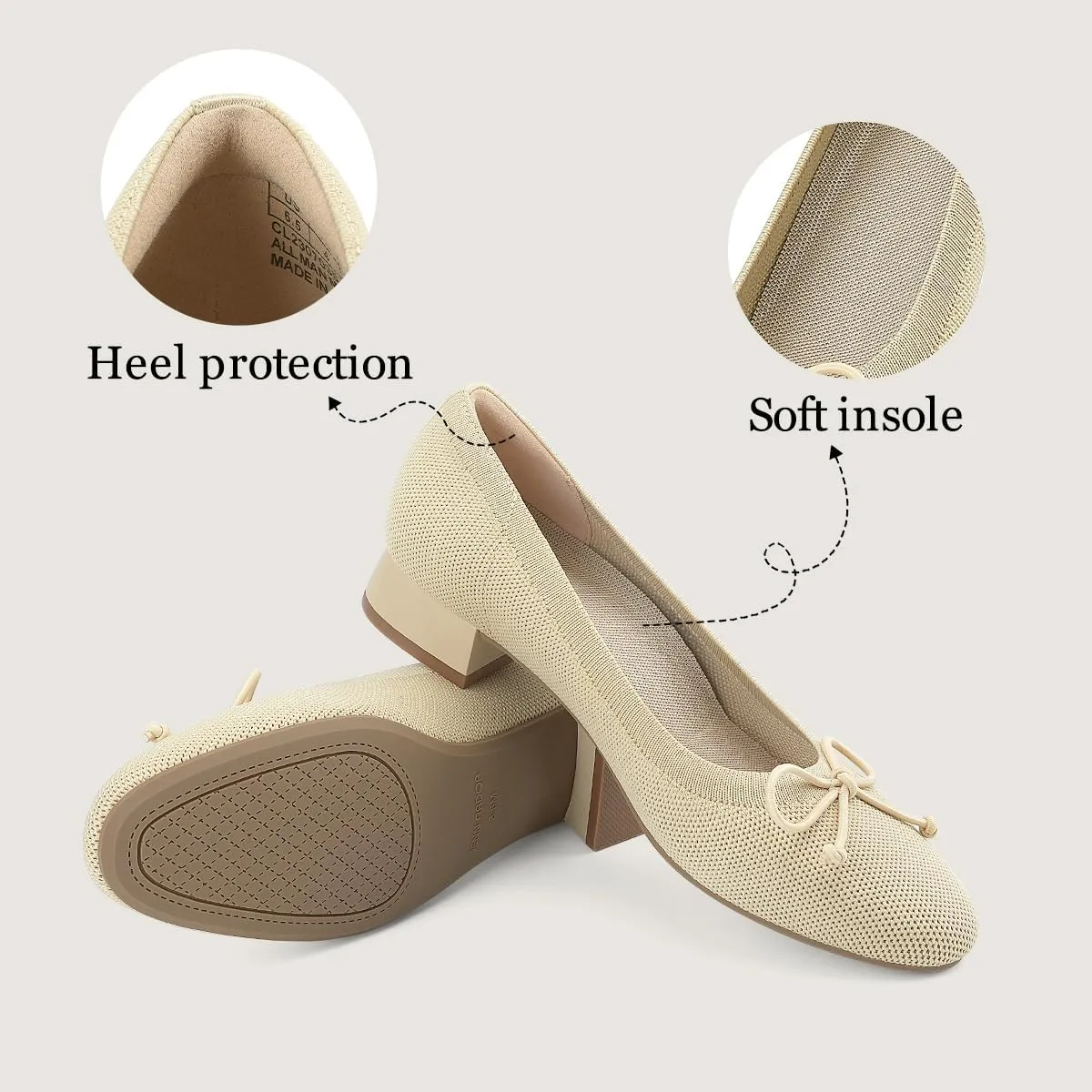 JENN ARDOR Womens Ballet Chunky Pumps Low Heels Dress Shoes Ladies Casual Office Shoes for Women Round Toe Knit Comfortable Slip On Mesh Flat