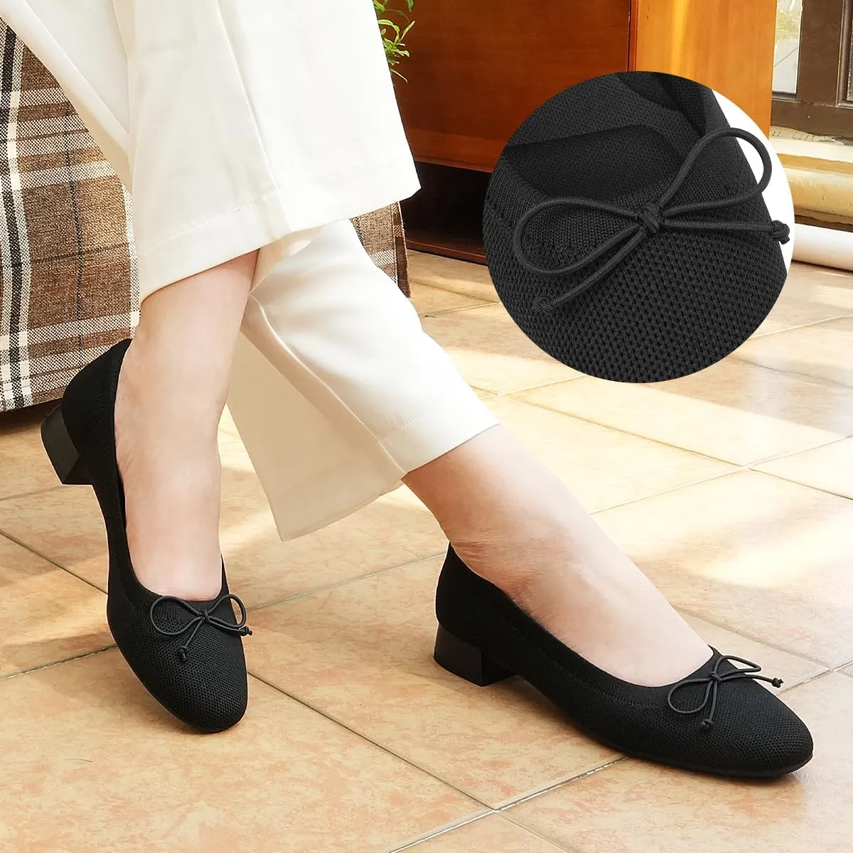 JENN ARDOR Womens Dress Pumps Ballet Flats Shoes Casual Ladies Heels Chunky for Women Round Toe Knit Comfortable Slip On Mesh Flat