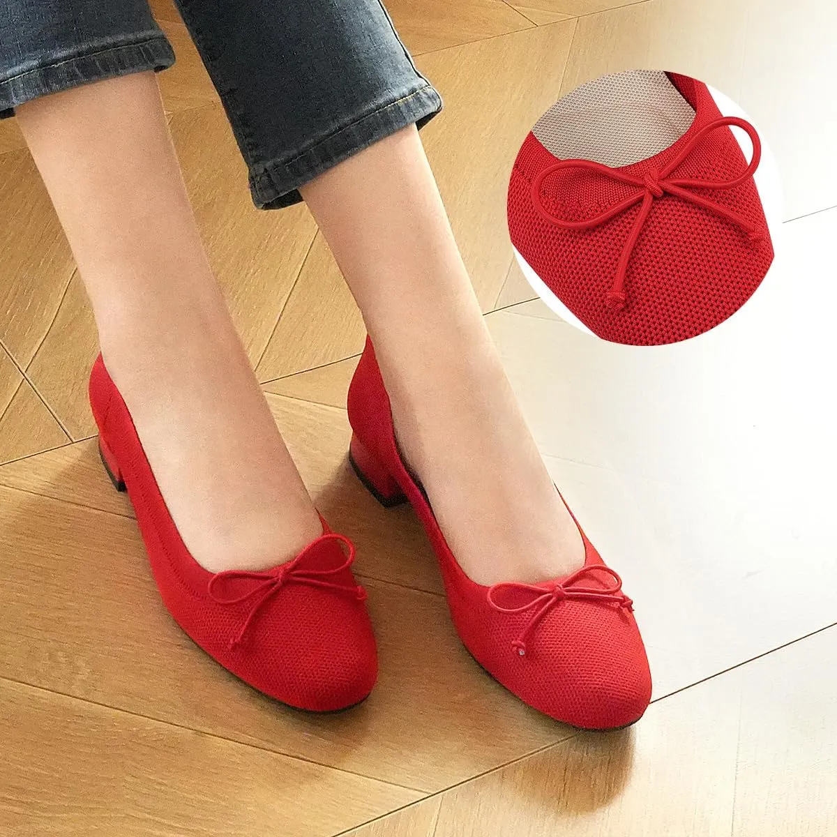JENN ARDOR Womens Dress Pumps Ballet Flats Shoes Casual Ladies Heels Chunky for Women Round Toe Knit Comfortable Slip On Mesh Flat