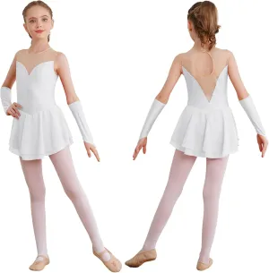 JEYPINMI Kids Girls Figure Ice Skating Leotard Dress with Gloves Ballet Lyrical Dance Costume Wrap Skirt