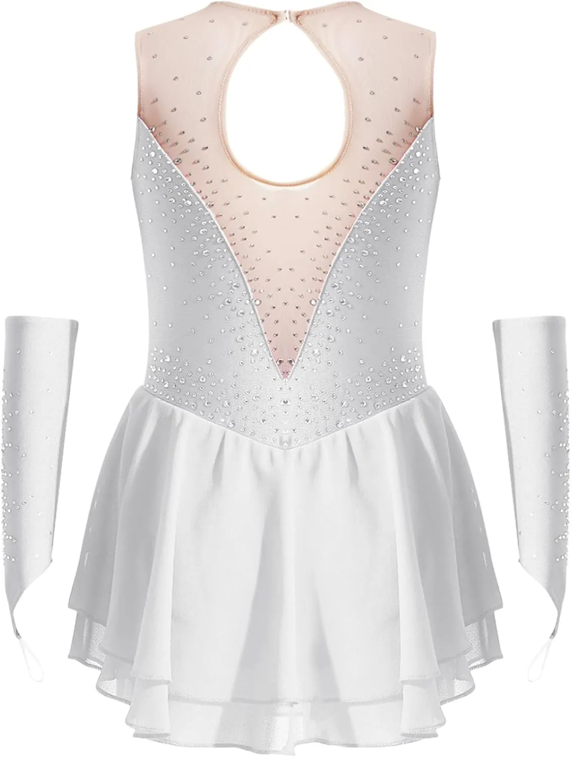 JEYPINMI Kids Girls Figure Ice Skating Leotard Dress with Gloves Ballet Lyrical Dance Costume Wrap Skirt