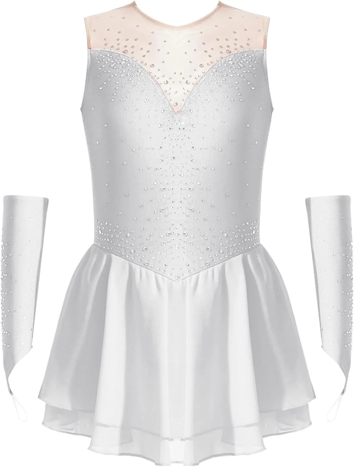 JEYPINMI Kids Girls Figure Ice Skating Leotard Dress with Gloves Ballet Lyrical Dance Costume Wrap Skirt